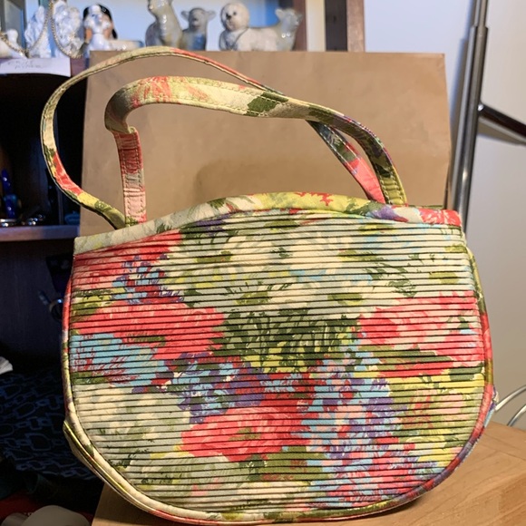 RARE 50’s 60’s FLORAL PLEATED HANDBAG PURSE JEWELED CLASP,MATCHING COIN … - Picture 2 of 15